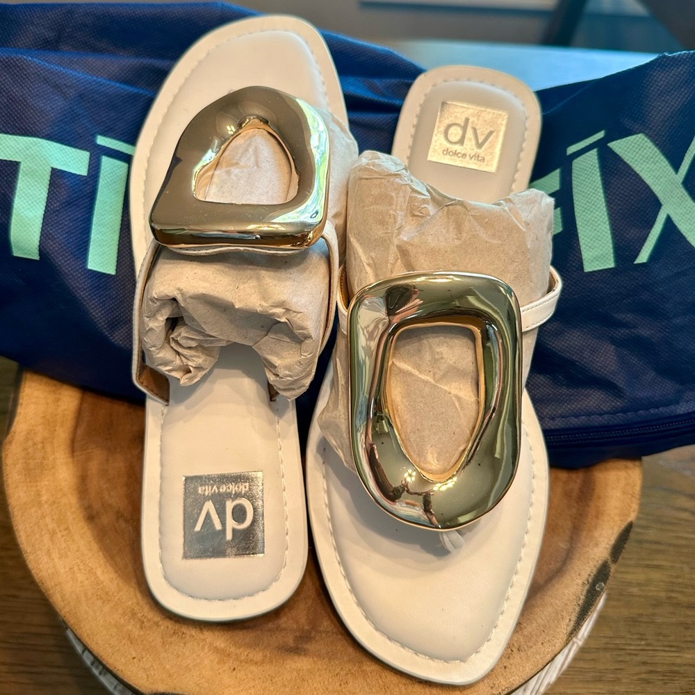 Dolce Vita White Slides with Gold Details